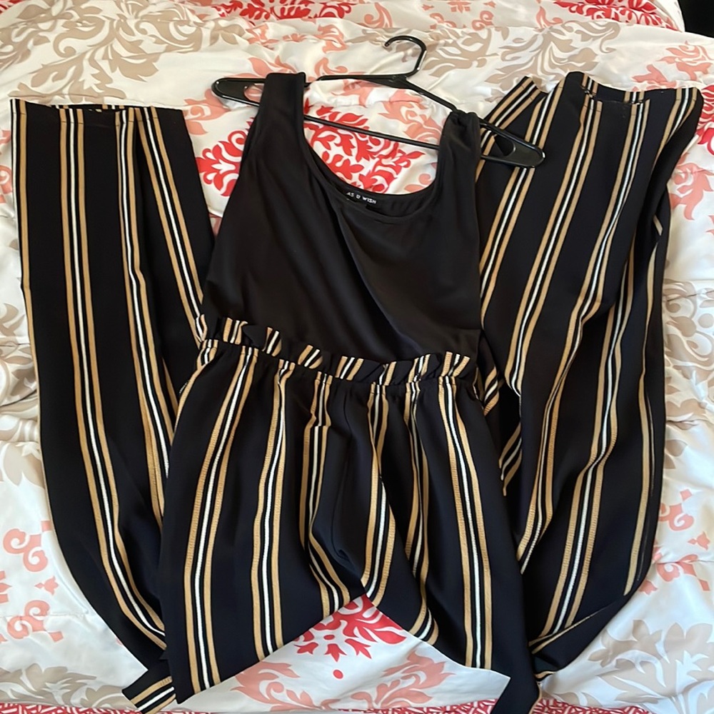 XL one piece pantsuit with black/white/gold stripes on pants,